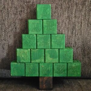 Vintage Handmade Wooden Alphabet Blocks Christmas Tree Decor Display Holiday Toy